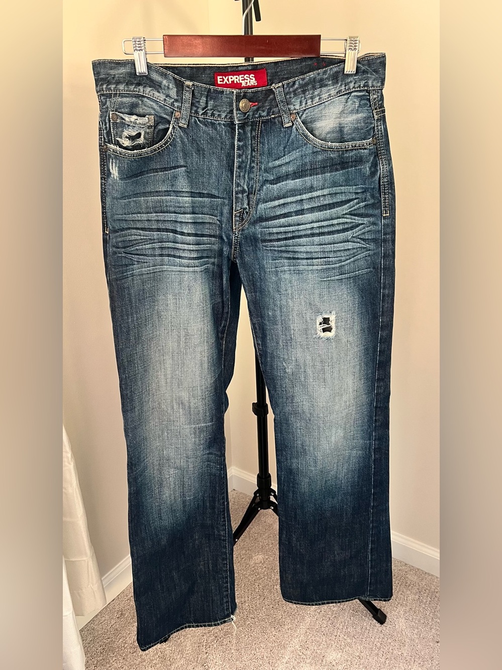 Express Men's Straight Leg Kingston Distressed Y2K Blue Jeans 34X32